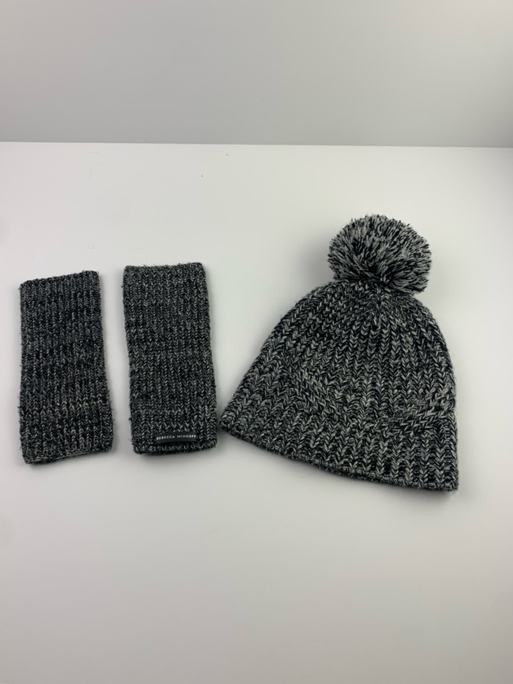 REBECCA MINKOFF Pom-Pom Beanie Hat & Arm Warmer Glove Set Winter Marled